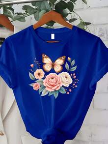 Classic Plus Size - Plus Size - Modern Design T-Shirt, Suitable For Plus-Size Women, With A Butterfly And Flower Print, Perfect For Casual Summer Wear. This Short-Sleeved, Crew-Neck T-Shirt In A Bohemian Style Is An Ideal Choice For Summer And Fall. A Bestseller. - 藍色 - 查看 7