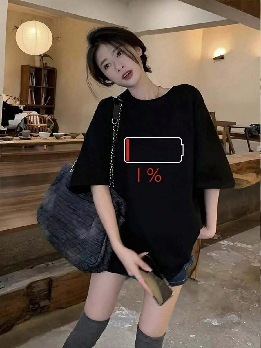 Camiseta de verano multicolor, sólida, suave, cómoda y transpirable, una camiseta reciente y popular de gran , que absorbe la humedad y el sudor, con un estampado de ícono de batería baja, adecuada para deportes, viajes y uso en fines de semana, la mejor opción de regalo. Transpirable y cómoda. - Negro - Ver 1