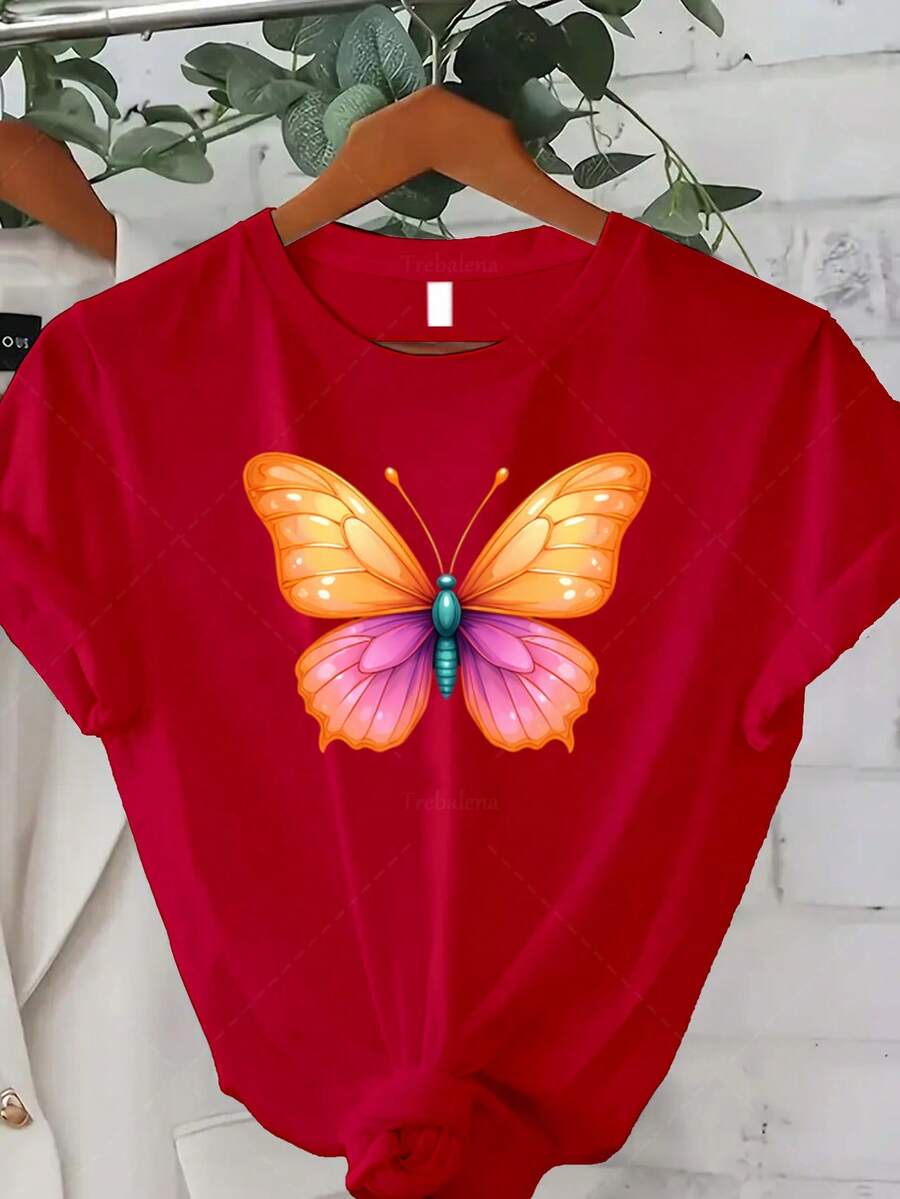Women's Plus Size Classic T-Shirt With Butterfly Print - Casual Short Sleeve Crew Neck Top, Breathable For Spring And Autumn, Ideal For Spring And Summer Outfits, Perfect Gift For Thanksgiving, Christmas And New Year (Comfortable T-Shirt For Everyday Wear) Best Seller - 紅色 - 查看 1