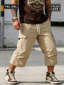 Pantalones cortos casuales de unicolor para hombre de talla grande con bolsillos, pantalones casuales rectos y sueltos para hombre de talla grande, pantalones de talla grande para hombre, pantalones deportivos sueltos de color negro, pantalones deportivos para hombre, pantalones cortos para hombre, regalo para el esposo - Caqui - Ver 1