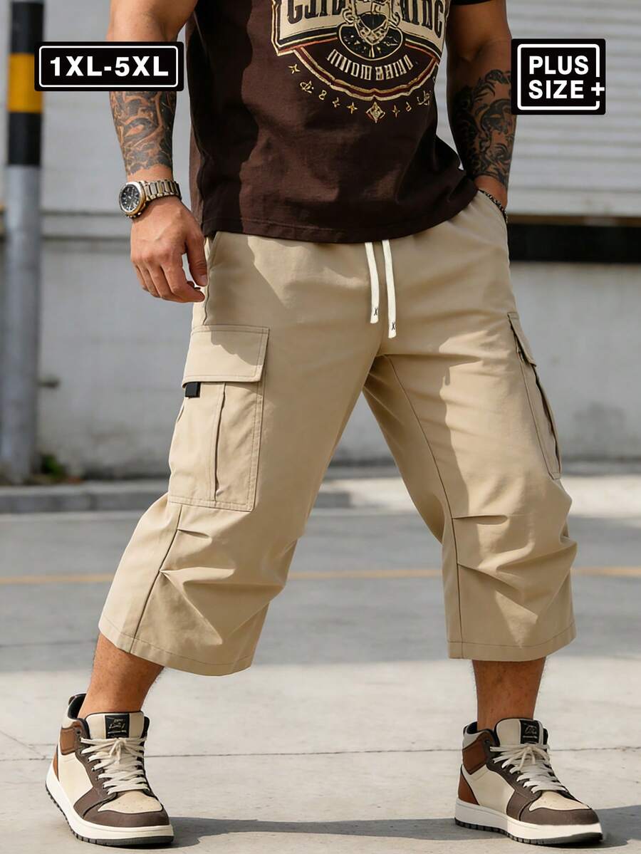 Pantalones cortos casuales de unicolor para hombre de talla grande con bolsillos, pantalones casuales rectos y sueltos para hombre de talla grande, pantalones de talla grande para hombre, pantalones deportivos sueltos de color negro, pantalones deportivos para hombre, pantalones cortos para hombre, regalo para el esposo - Caqui - Ver 1