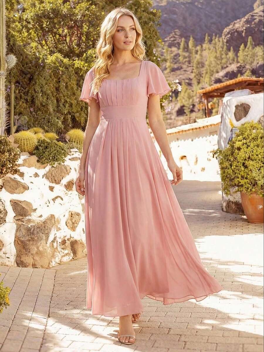 EVERPRETTY 優雅浪漫粉色泡泡袖方領伴娘禮服，適合秋季婚禮賓客、海灘度假婚禮派對晚禮服