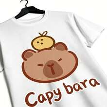 Tops para mujer de algodón de manga corta con cuello redondo y estampado de capibara para mujer, estilo casual y lindo. - Blanco - Ver 2