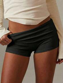 cortos de mujer Vaiaye de unicolor, ajuste delgado, cintura baja, mini shorts, estilo minimalista, adecuados para verano, playa bohemia, fiesta y uso diario - Negro - Ver 9
