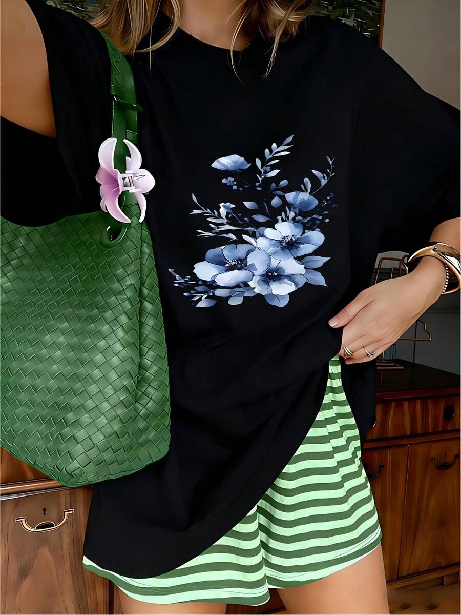 Cottagecore Watercolor Blue Floral Bouquet Graphic T-Shirt, 100% Cotton Oversized Soft Breathable Fresh Tee, Casual Crewneck Short Sleeve Top for Daily Wear & Nature Enthusiasts