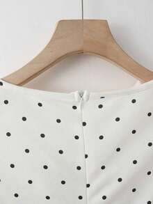 Vestido corto de manga corta de estilo minimalista y romántico para uso diario y casual, con cuello con volantes, lazo en la cintura y estampado de lunares al estilo francés, para primavera/verano - Albaricoque - Ver 6