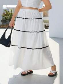 Falda larga con bloques de color y adorno floral para tallas grandes, ropa de resort de primavera/verano - Blanco - Ver 8
