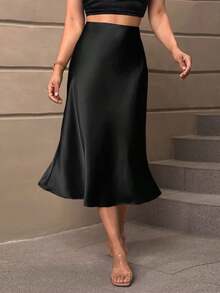 Falda de talle alto unicolor - Negro - Ver 6
