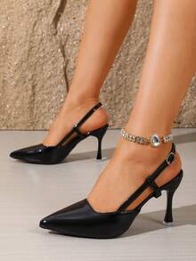 Pointed Toe Backless Stiletto Heels Women, Strap Buckle Design, Elegant Commuting & Dating Versatile Slim Pumps - Black - View 4