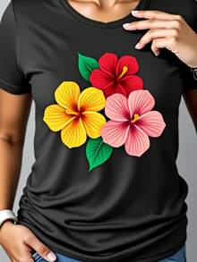 Women's Tropical Hibiscus Flower Print T-Shirt - Short Sleeve, Round Neck, Black With Yellow, Red And Pink Flowers, Breathable, For Summer Vacation, Casual Hawaiian Style Wear, Gym T-Shirts - 黑色 - 查看 1