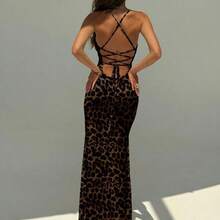 Women's Elegant Sexy Leopard Print Backless Halter Maxi Party Dress, Summer Holiday Outfits , Elegant And Sexy Leopard Print Dress Is Perfect For A Spring Vacation Cruise Or Weekend Getaway, And Is Also An Ideal Choice For Women's Summer And Spring Break Outfits. Valentine's Day Dress - Multicolor - Ver 9