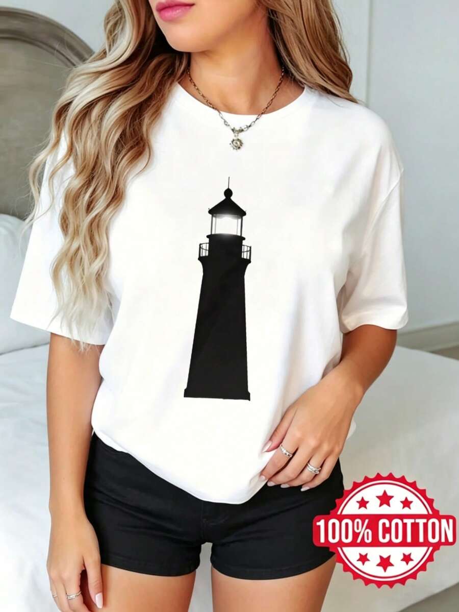 Camiseta de manga corta y cuello redondo con estampado para mujer, verano, casual Estampa de faro en camiseta blanca S-3XL 100% aodón material transpirable