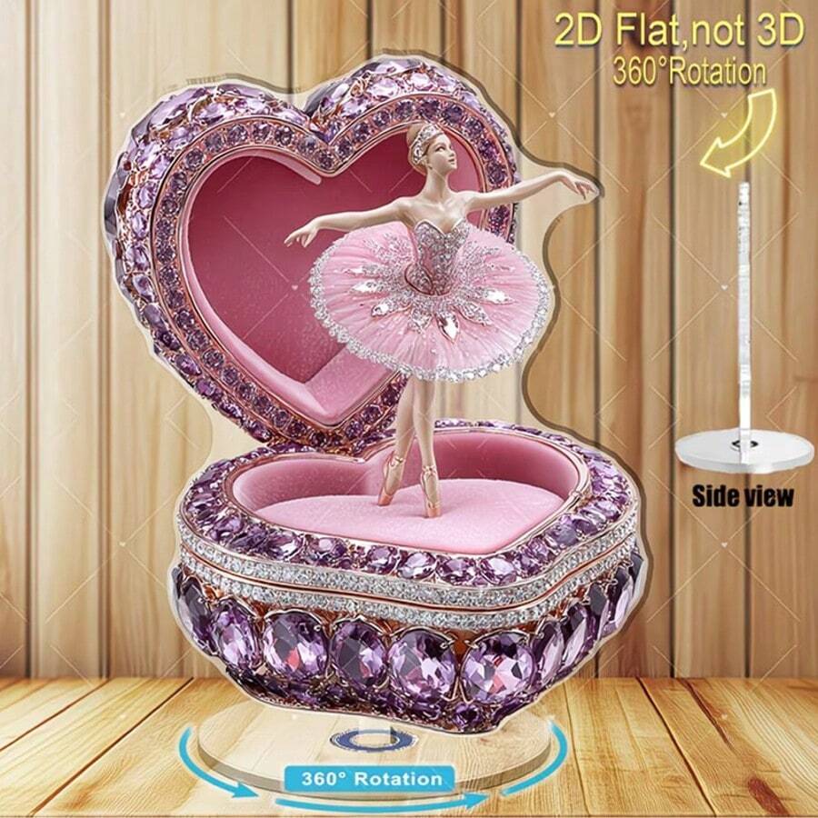 2D Rotating Ballerina Acrylic Art Piece With Heart-Shaped Jewelry Stand - 2D Flat Design, Suitable For Special Events, Elegant Gift For Weddings, Birthdays, Can Be Used As Dance Decor, Plastic Ballerina Figurine Can Serve As Centerpiece - Colorful - View 1