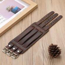 1 pieza Brazalete de cuero ancho multicapa vintage, accesorio exagerado personalizado para hombres, regalo para el novio - Marrón - Ver 3