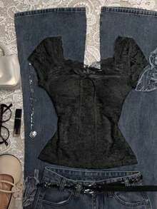 Blusa de encaje de unicolor elegante para mujer, de verano - Negro - Ver 1