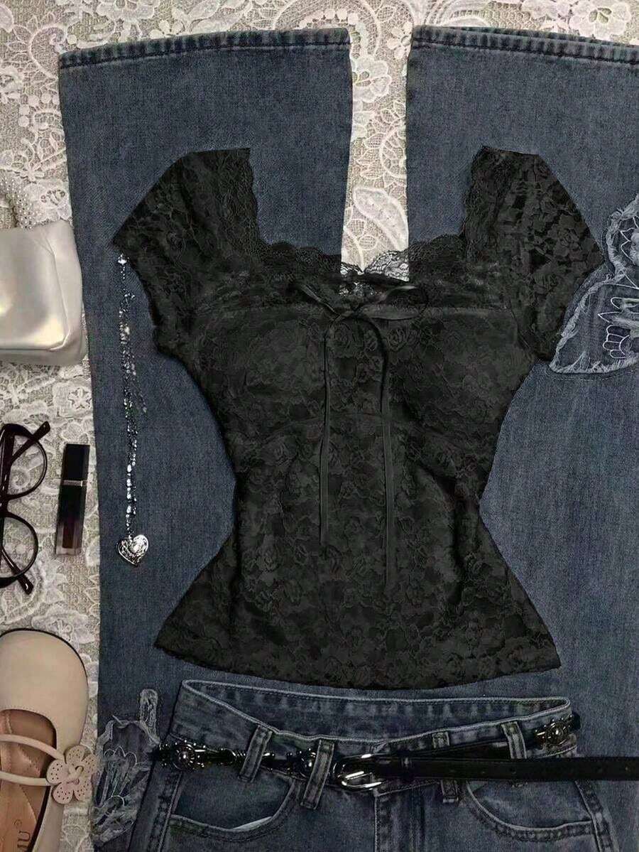 Blusa de encaje de unicolor elegante para mujer, de verano - Negro - Ver 1