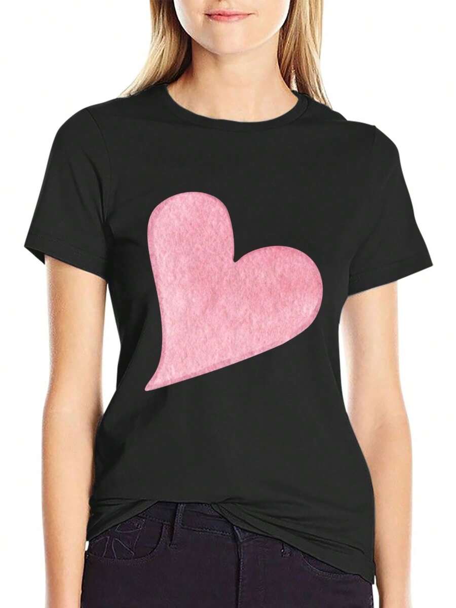 Camiseta de manga corta con estampado de corazones en negro y rosa, estilo bohemio para mujer, cuello redondo, top casual de moda, adecuada para todas las estaciones, lavable a máquina para uso diario y ocasiones especiales, ropa versátil, diseño artístico, material suave, camiseta elegante, para entusiastas de la moda, camiseta con estilo, material cómodo, camiseta estampada, para mujeres a la moda.una camiseta estampada muy distintiva / estilo unisex / adecuada tanto para hombres como para mujeres / resistente a las arrugas / transpirable - Negro - Ver 1