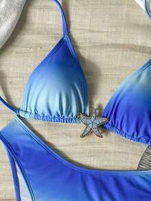 Conjunto de bikini de 2 piezas con tirantes finos, cuello halter, base negra, lunares blancos y estampado aleatorio dulce y lindo con corte alto en los laterales para mujer, primavera/verano 2026 - Multicolor 4 - Ver 3