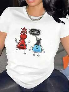 Camiseta de manga corta de poliéster para mujer, talla grande, con divertido diseño de laboratorio de química, ligera y duradera para uso casual en la cocina o el laboratorio, con personajes de frascos rojos y azules y la frase "I For THINK You're Overreacting", perfecta para entusiastas de la ciencia. Estilo oversize, corte holgado, transpirable, ligera, casual, Y2K, streetwear, boho, vintage, minimalista, estilo rústico, athleisure, verano, 100% algodón. - Blanco - Ver 7