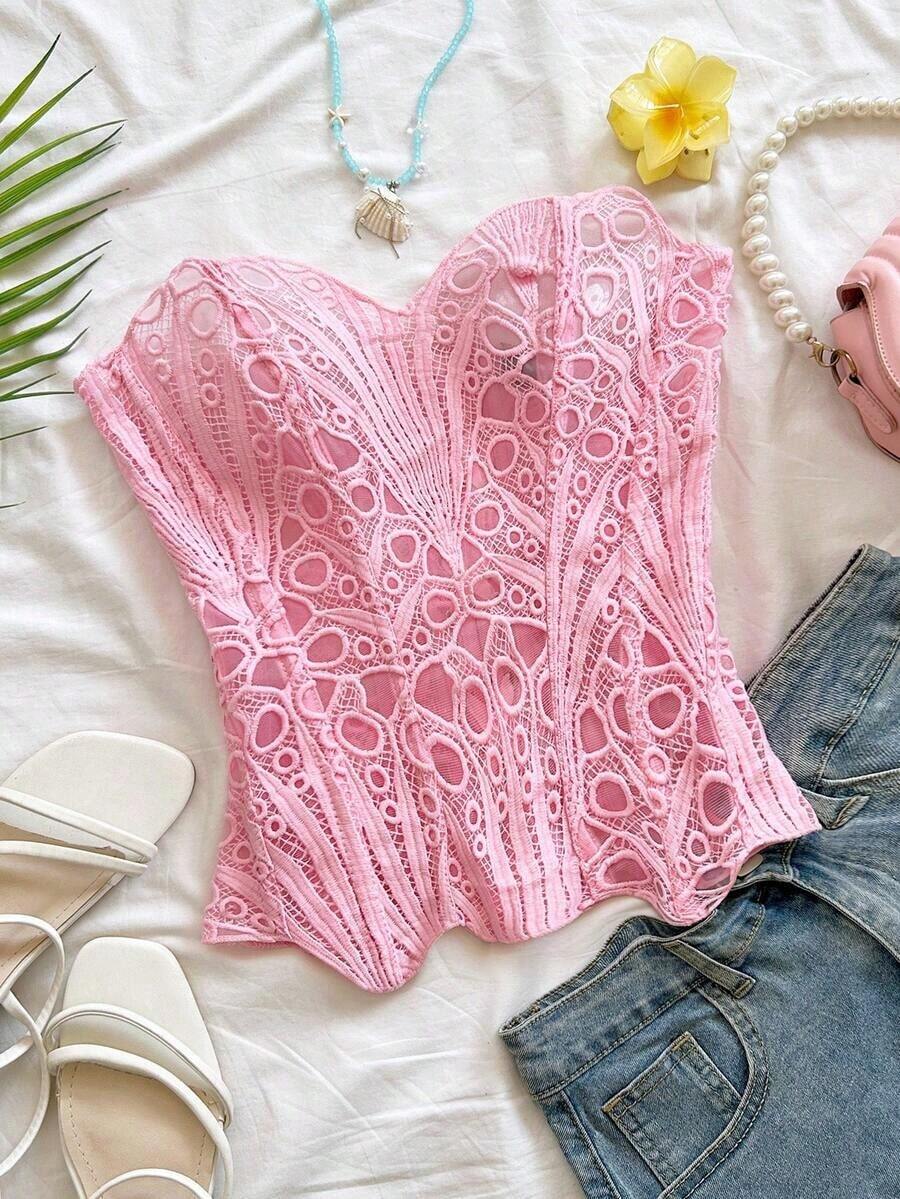2026 Nuevo con forma de corsé de estilo europeo y americano, sexy para vacaciones, de doble capa de encaje, con bordado calado, color azul profundo - Rosa - Ver 1