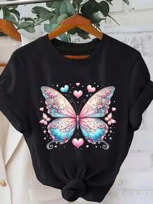 Camiseta manga corta cuello redondo 100% algodón, estampado trendy, tejido ligero y ventilado, estilo moda casual, apta para vida diaria, salidas informales y citas en primavera, verano y otoño - Negro - Ver 8