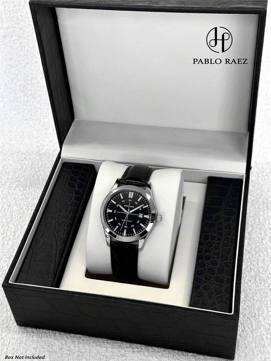 PABLO RAEZ 1 buc ceas casual negru pentru bărbați, original, lux, bijuterie argintie, colorat, din oțel inoxidabil, vintage șarmant, rezistent la apă 50M, cu brățară din piele PU moale și lanț, luminescent, cu calendar cu dată, ceas quartz de înaltă calitate AAA, brand popular de top, nou, metalic, fashion casual, pentru costum, cu cifre arabe, de business high-end, pentru studenți, cadou pentru profesor, tată sau prieten, pentru petrecere, decor, zi de naștere, absolvire și nuntă