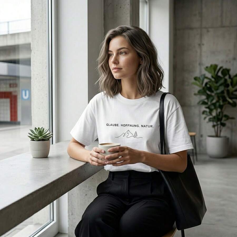 Envío local:Camiseta Oversize 100% Algodón, Diseño Minimalista Montaña Naturaleza, Estilo Casual Elegante para Mujer - Blanco - Ver 1