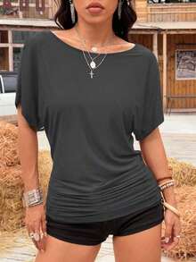 Camiseta casual de color marrón sólido para mujer, adecuada para primavera/verano - Gris Oscuro - Ver 5