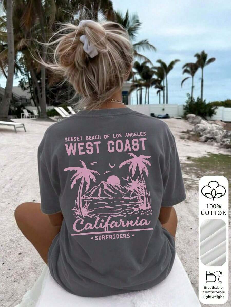 Camiseta holgada para mujer con estampado vintage de puesta de sol de California, 100% algodón transpirable, cuello redondo, manga corta, estilo playero de los 90, ideal para días de playa, vacaciones de verano, brunch, paseos por la ciudad y looks retro de verano informales. - Gris Oscuro - Ver 1
