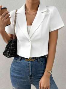 Blazer de mujer de unicolor con un solo botón y manga corta, para uso casual en verano - Blanco - Ver 4