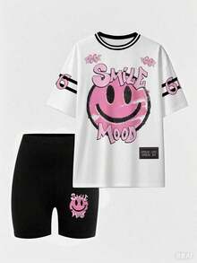 Conjunto de camiseta y pantalones cortos de ciclista con estampado gráfico de número 13 y eslogan, de moda casual para mujer - Multicolor 7 - Ver 4