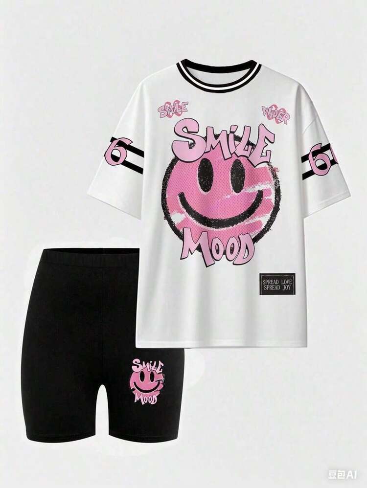 Conjunto de camiseta y pantalones cortos de ciclista con estampado gráfico de número 13 y eslogan, de moda casual para mujer - Multicolor 7 - Añade 4