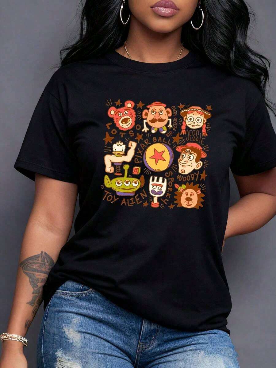 Figuras coloridas de personajes animados que representan amistad aventura y diversión en un estilo retro divertido camiseta para mujer casual de manga corta cómoda y moderna,Camiseta de mujer elegante. - Negro - Ver 1