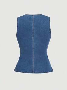 Top de mezclilla sin mangas para mujer, casual de ajuste ceñido y elástico, camiseta de verano, camisetas sin mangas para mujer, ropa de los 90, casual de negocios para mujer, tops de salida para mujer, atuendos de primavera para mujer, tops lin - Azul lavado medio - Ver 2