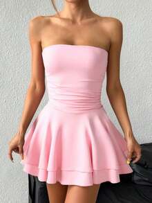 Vestido corto sexy tipo bandeau con estampado de leopardo y falda con volantes en capas - Rosa - Ver 4
