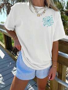 Letter Print T-Shirts For Women, Oversized Graphic Tees For Women And Teens, Y2k Short Sleeve Floral Print Graphic Tees, Aesthetic Summer T-Shirts, Cute And Preppy Women's Clothing For Vacation, Days Off, Everyday Casual Fashion And Versatility. - 花白 - 查看 2