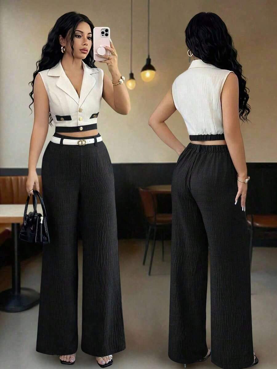 Conjunto de blazer corto sin mangas de color contrastante y pantalones rectos elegantes de estilo de oficina para mujer, atuendo profesional de oficina, vestimenta de maestra, ropa para ir y venir y uso casual - Negro - Ver 1