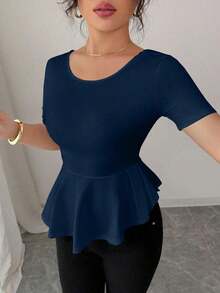 Elegante blusa de punto jacquard con lunares, lazo en la espalda, cintura ceñida y bajo asimétrico - Azul marino - Ver 3