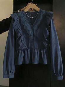 ii Blusa de manga larga con volantes, parches de encaje y unicolor casual blanca para primavera - Azul marino - Ver 2