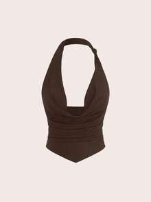 Blusa de punto con cuello drapeado sexy en color borgoña para mujeres - Marrón - Ver 3