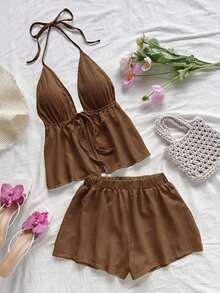 Conjunto de 2 piezas de vacaciones para mujer, top de tirantes con escote en V con textura rojo y shorts sueltos extremadamente cortos, adecuado para citas, fiestas y paseos por la ciudad - Café integral - Ver 1