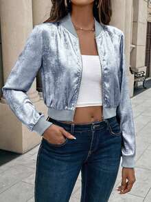 Chaqueta de béisbol con cremallera metálica dorada, puños acanalados, ajuste slim, elegante y versátil, cárdigan corto para ropa de fiesta de Año Nuevo - Azul - Ver 6