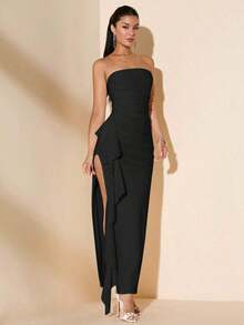 Vestido de dama de honor de boda de verano, vestido largo blanco con pliegues, abertura alta, volantes y tiras para fiesta, sin mangas y sin tirantes, sexy - Negro - Ver 3
