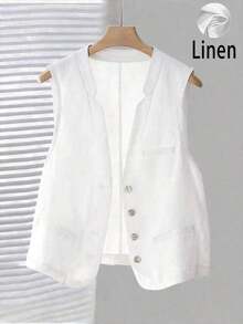 Chaleco corto de lino casual para mujer, color blanco, para primavera y verano - Blanco - Ver 7