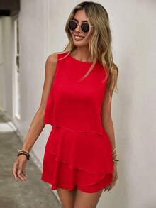 2 piezas de camiseta sin mangas y shorts de falda con diseño asimétrico y multicapa, ideal para uso casual, ir al trabajo o de vacaciones - Rojo - Ver 1