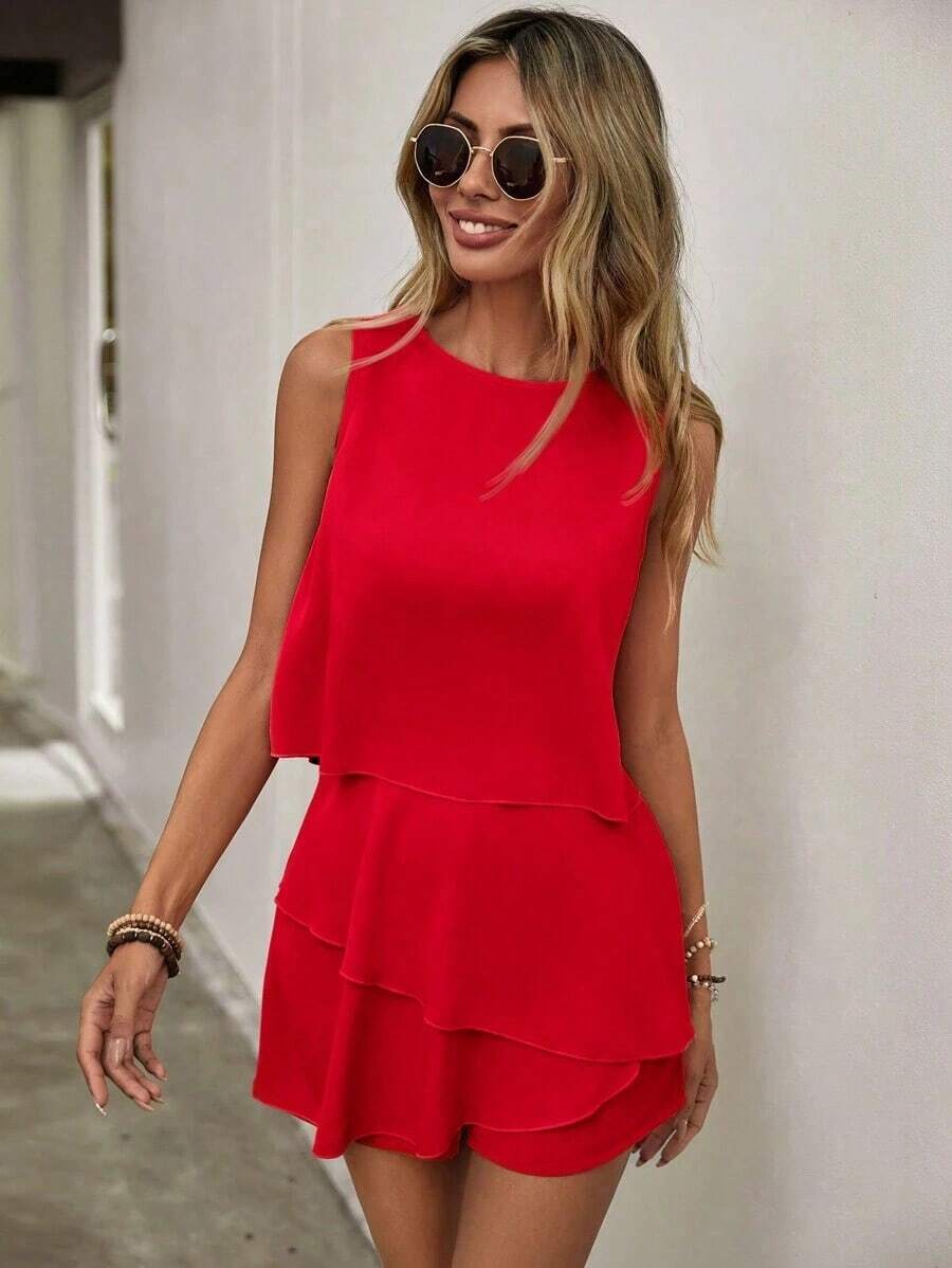 2 piezas de camiseta sin mangas y shorts de falda con diseño asimétrico y multicapa, ideal para uso casual, ir al trabajo o de vacaciones - Rojo - Ver 1