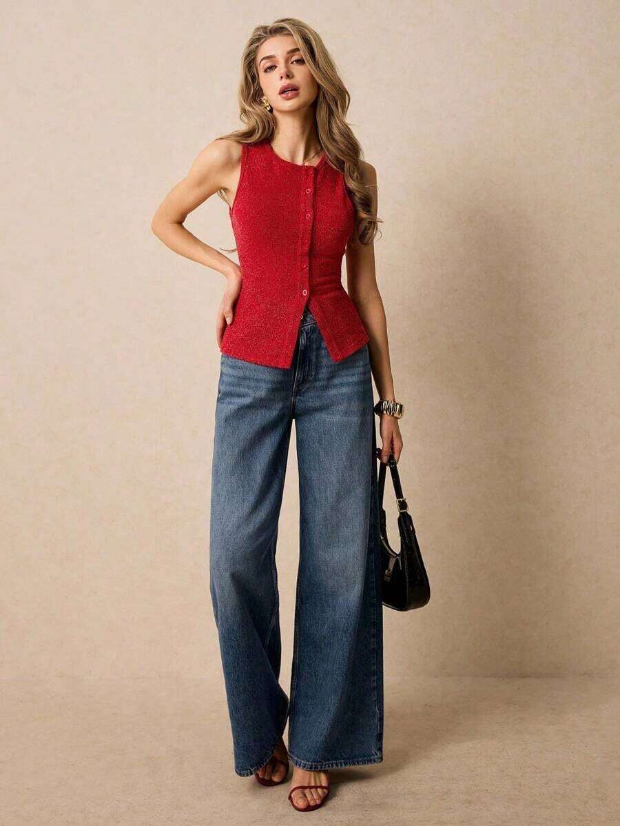 Camiseta sin mangas casual de cuello redondo y de un solo abotonadura para mujer - Rosa Roja - Ver 1