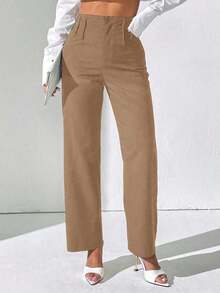 Pantalones rectos de cintura alta de unicolor casual para mujer - Caqui - Ver 3