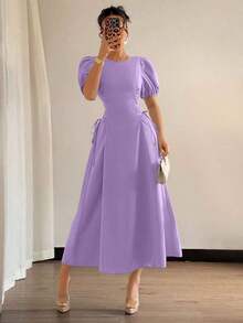 Vestido elegante y romántico para vacaciones de boda de verano 2025 en azul francés regular, con hombros sueltos, mangas abullonadas, cintura drapeada y lazo lateral ajustado - Púrpura malva - Ver 5