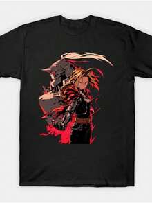 Camiseta Gráfica de Anime FullMetalDistiller -% Algodón, Talla, Manga Corta y Peso Pesado, con Arte de Personaje en Rojo y Blanco Vibrante, Lavable aáquina, Cuello Redondo Casual para Hombres y Mujeres (S-, ) - Regalo Perfecto para Fans de Anime - Negro - Ver 1